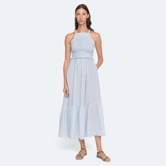 NWT $425 Sea Blue Ramie Smocked Cole Midi Dress - Picture 1 of 8